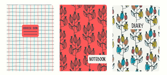 Fototapeta premium Cover page templates based on seamless patterns with hand drawn burdocks, grid. Burdock illustration with brushstroke texture. Backgrounds for notepads, diaries. Headers isolated and replaceable