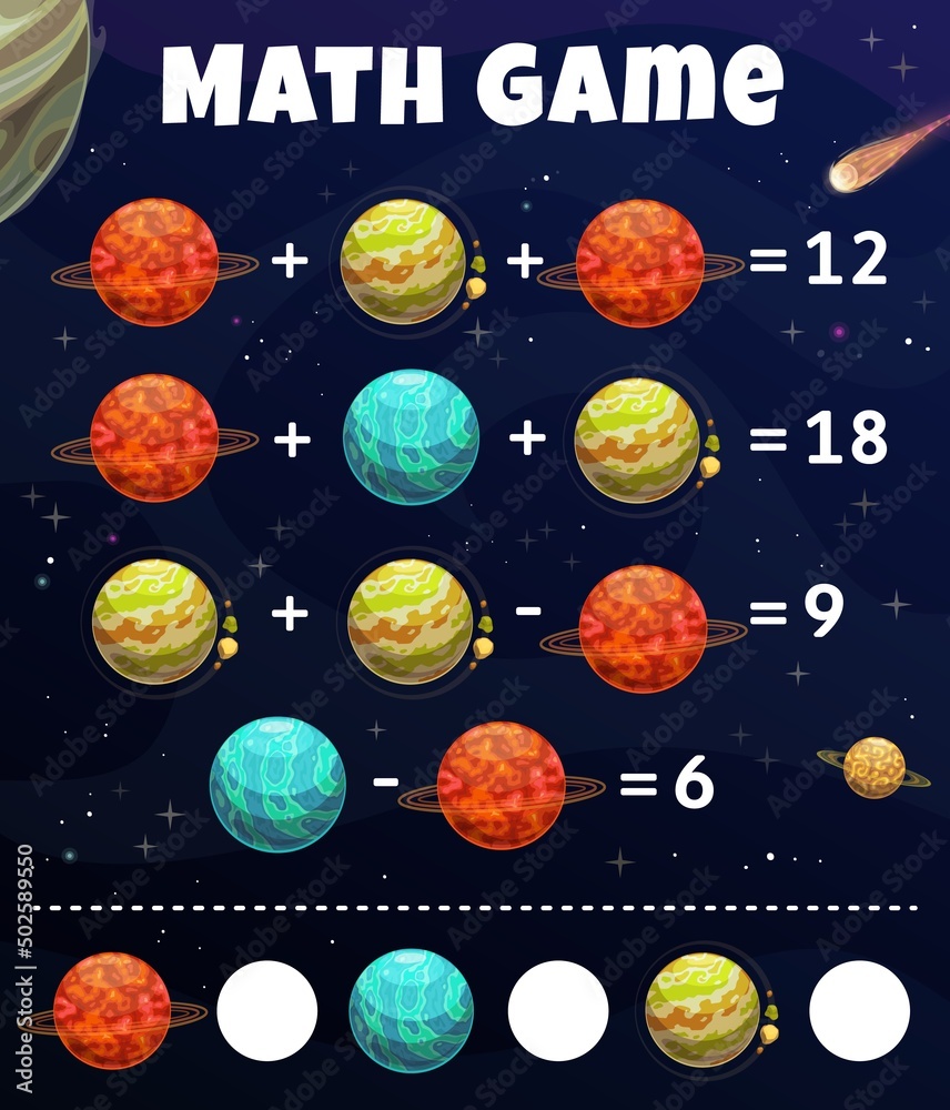 Poster math game worksheet, galaxy space planets, education maze. cartoon vector learn to count teaser, edu