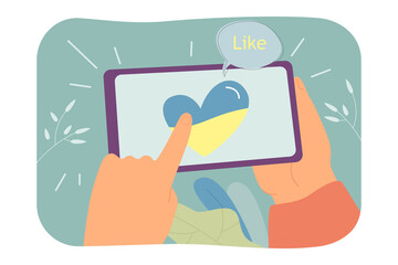 Touching mobile phone screen with finger to like Ukrainian heart. Support of Ukraine by person in social media flat vector illustration. Internet concept for banner, website design or landing web page
