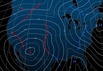 Forecast weather isobar night map of Northern America, meteorology wind fronts vector diagram. North America map with weather forecast and temperature isobar with pressure and wind charts - obrazy, fototapety, plakaty