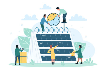 Daily organization in project calendar, event schedule for business people. Cartoon tiny busy managers organize work process and meetings flat vector illustration. Time management, service concept
