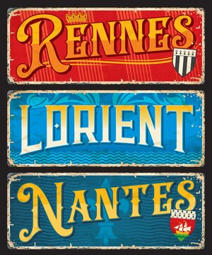 Rennes, Lorient, Nantes french city travel stickers and plates. France travel location stickers, European voyage retro banners or vector tin signs. French cities stickers with ancient Coat of Arms
