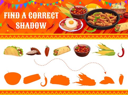 Find a correct shadow of mexican food, kids game worksheet. Vector matching riddle with tacos, cocoa seed, chili pepper, burrito, bean soup, corn and jalapeno tex mex silhouettes maze