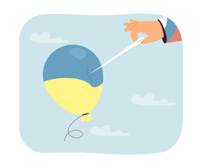 Russian hand holding balloon explosion needle. Balloon with flag of Ukraine flying into sky from person flat vector illustration. War, crisis concept for banner, website design or landing web page