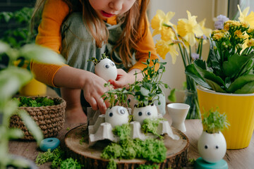 Little girl making composition from eggshells with sprouts
