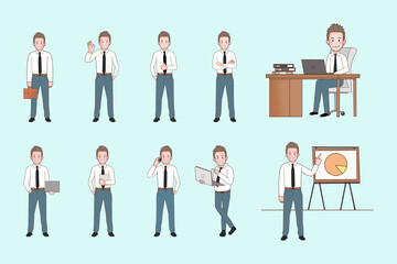 successful businessman cartoon character illustration set, standing and working, success achievement and leader people
