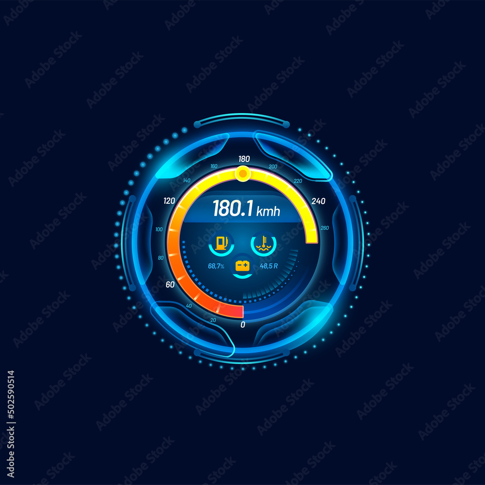 Poster Futuristic car speedometer gauge neon dial. Led speed meter. Vehicle dashboard indicator, futuristic gauge or speedometer vector counter with fuel level, battery charge and engine temperature icons