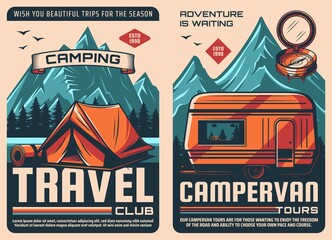 Travel camping and van retro posters, outdoor tourism with camper trailer. Mountaineering or hiking travel club and adventure expedition to mountains or forest lake camp with caravan van or RV truck - obrazy, fototapety, plakaty