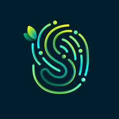 S letter eco logo made of fingerprint. Gradients icon with green leaves and dew drops.