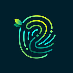 Number two eco logo made of fingerprint. Gradients icon with green leaves and dew drops.