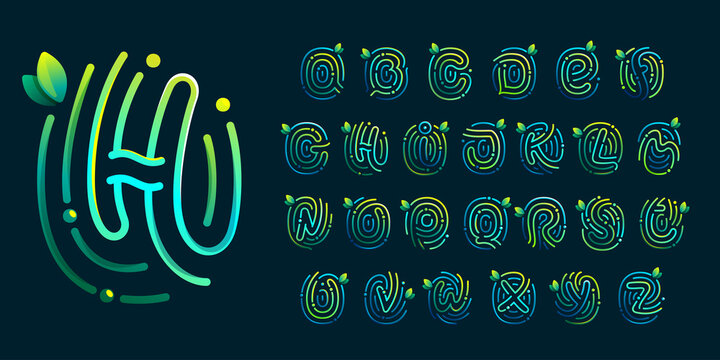 Eco alphabet made of fingerprint. Gradients lettering with green leaves and dew drops.