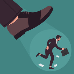 Fototapeta na wymiar Big foot steps on scared employee vector illustration. Cartoon fired corporate manager running from pressure and abuse, bullying, violence at work background. Discrimination, job loss concept