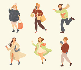 Busy people in hurry cartoon illustration set. Man and women rushing to work, student in headphones with phone going to university, mother with newborn baby running to hospital. Occupation concept