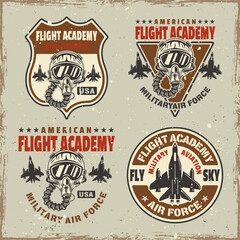 Naklejka premium Military aviation set of vector emblems, badges, labels, logos in vintage style with grunge textures and scratches