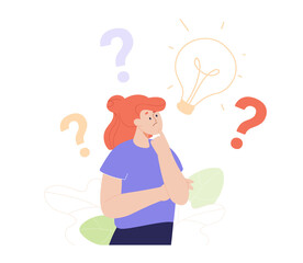 Pensive girl thinking flat vector illustration. Question marks and lightbulb in background. Woman searching for solutions and ideas. Problem, wonder, choice concept