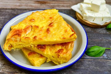 Bakery .Home made  cheese pie  with phyllo pastry and organic eggs. Bulgarian banitsa