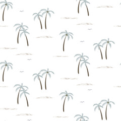Palm trees vector seamless summer pattern. Wrapping paper summer pattern. Cute doodle summer pattern with palm tree and waves