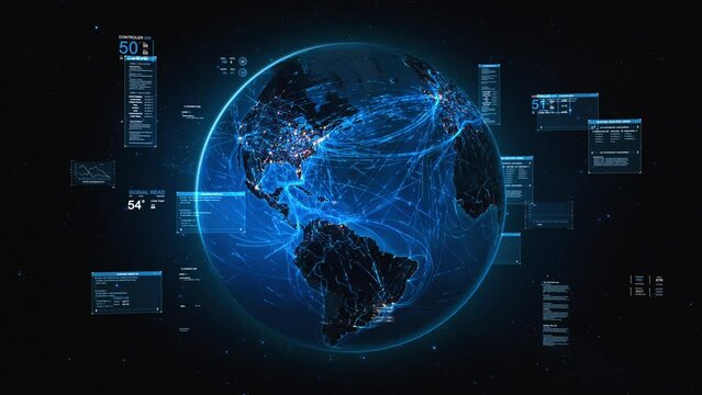
Rotating Earth With Bright Connections Forming a Network. Loopable 360 View.  
Animation Of The Earth with Augmented Reality Elements, Text Boxes, Interfaces And Graphs. 