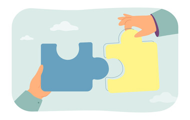 Hands connecting jigsaw puzzle pieces with Ukrainian flag. Community of people united in support of Ukraine flat vector illustration. Unity concept for banner, website design or landing web page