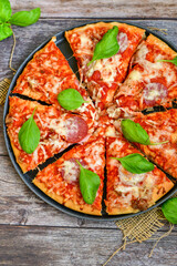  Close up of   classic  Italian Pizza   with Ham and salami . Fresh basil,tomato sauce ,mozzarella cheese , mushrooms and  green peppers