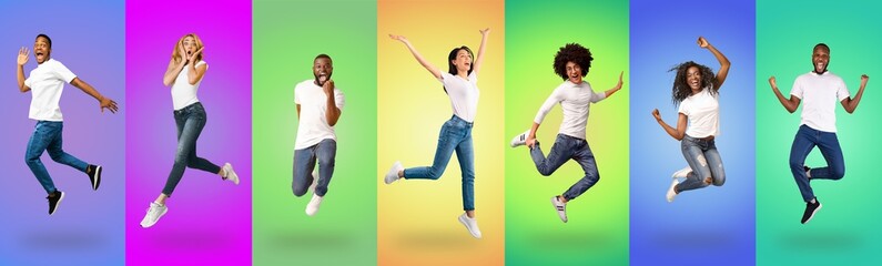 Multiethnic young people having fun on studio backgrounds, collage