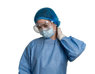 Fototapeta na wymiar Female doctor or nurse wearing protective suit is suffering from neck pain 