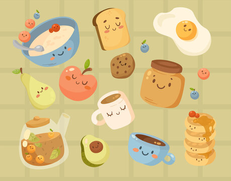 Funny breakfast food with faces cartoon illustration set. Cute porridge, fruits, berries, boiled egg, biscuits characters. Cups of coffee, tea and teapot. Meal, morning routine concept