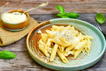  Home made  italian Penne rigate Pasta  with parmesan cheese,garlic  and black pepper .Pasta cacio e pepe. Mediterranean food concept