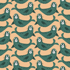 Funny green seas hand drawn vector illustration. Adorable animal character seamless pattern for kids fabric.
