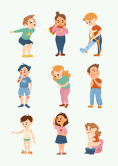 Sad sick boys and girls cartoon illustration set. Kids catching cold, having fever, nausea, flu, toothache or headache. Little children feeling unwell, breaking leg. Disease, health concept