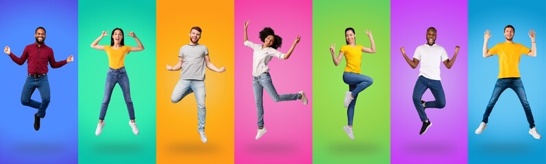 Cheerful multicultural millennials jumping up and gesturing, collage