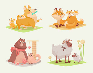Mom and baby animals cartoon illustration set. Cute little corgi, dogs, cat, fox and sheep playing games, having fun with parents. Pet, friendship, greeting concept