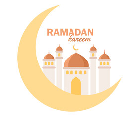 Ramadan Kareem holiday. Greeting Eid Mubarak. Celebrate Ramadhan Holy month in Islam. Crescent with mosque. Vector flat illustration 