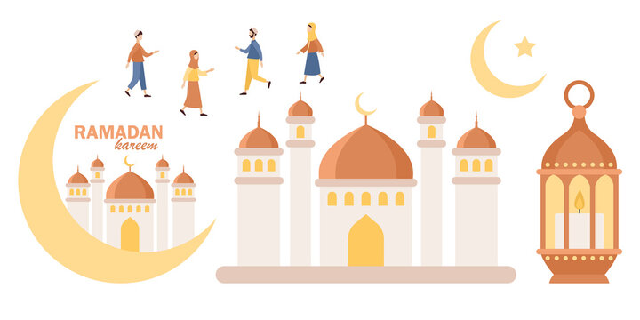 Ramadan Kareem gold icons set. Greeting Eid Mubarak. People celebrate Ramadhan Holy month in Islam. Crescent and star, mosque, ramadan lantern. Vector flat illustration 