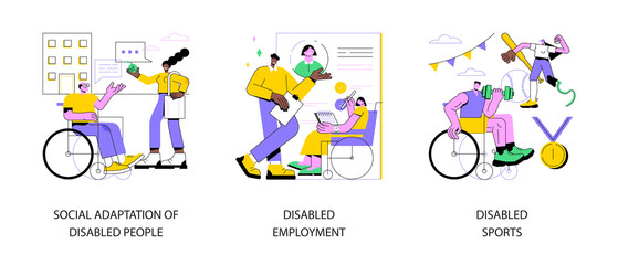 Inclusive social environment abstract concept vector illustration set. Social adaptation of disabled people, disabled employment, sports with physical disabilities, wheelchair abstract metaphor.