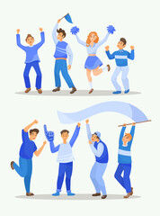 Happy football fans cartoon illustration set. Men and woman cheering for football or soccer team, Group of people holding flag and foam fingers. Sports game, crowd, support concept