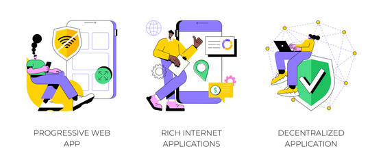 Mobile app development abstract concept vector illustration set. Progressive web app, rich Internet and decentralized applications, open source platform, user interaction design abstract metaphor.