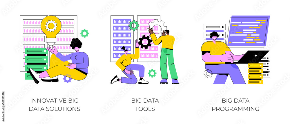 Poster big data business software abstract concept vector illustration set. innovative big data solutions, 