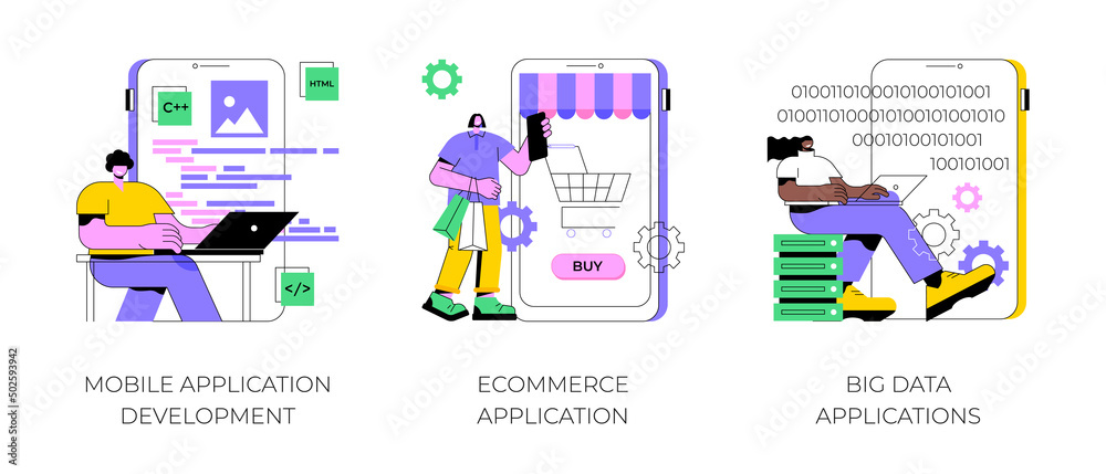Poster commercial software abstract concept vector illustration set. mobile application development, ecomme