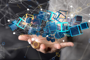 network holding in hand 3d connection data
