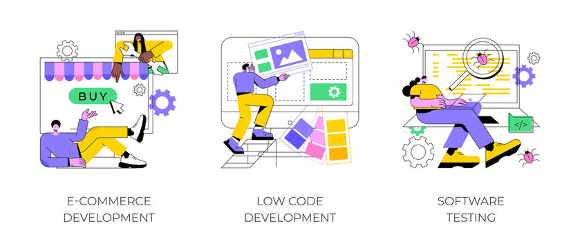 Application software abstract concept vector illustration set. E-commerce development, low code development, IT software testing, online shopping app coding, QA team, bug fixing abstract metaphor.