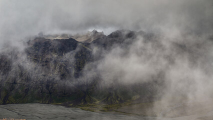 A moody view of low clouds above Morsardalur valley, Skaftafell, Vatnajökull National Park, South Iceland