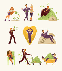 Rich men and women cartoon illustration set. Happy millionaires or bankers sitting on huge bag of money, lying in bathtub full of banknotes, watering money tree. Wealth, finance, success concept