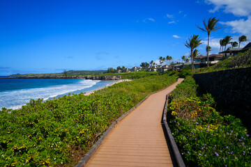 Oneloa Beach along the Kapalua Coastal Trail on West Maui, Hawaii - Boardwalk winding between...