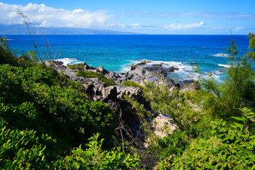 Oneloa Beach along the Kapalua Coastal Trail on West Maui, Hawaii - Rocky coastline near the resort...