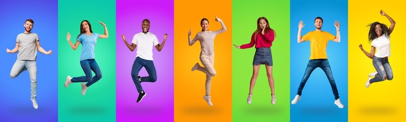 Happy multiethnic millennials grimacing and gesturing on colorful backgrounds