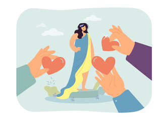 Hands giving red hearts to woman wearing Ukrainian flag. Charity of persons in support of refugees from Ukraine flat vector illustration. Help concept for banner, website design or landing web page