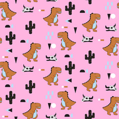 Dino seamless childish pink pattern for kids with cute dinosaurs and cactuses in Scandinavian style. Fabric design. Wallpaper Desert dinosaurs fabric print