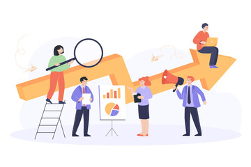 Business people working together on project. Men and women sitting on huge arrow, analyzing diagrams flat vector illustration. Achievement, company, teamwork concept