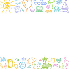 Hand drawn colored holiday elements. Colorful sketchy doodles. Summer holidays. Vacation trip. Web banner
